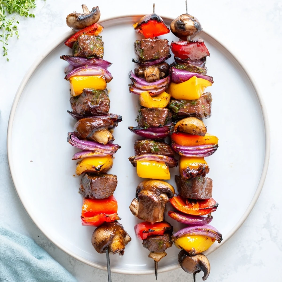 Sizzling steak skewers with charred vegetables fresh from the summer barbecue grill
