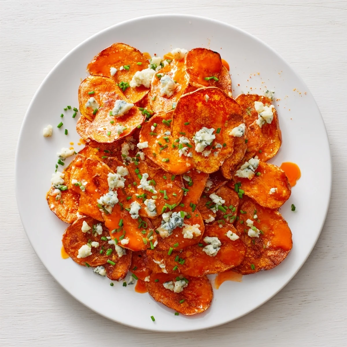 Golden buffalo chips coated in spicy red sauce and sprinkled with fresh chives on a white serving plate