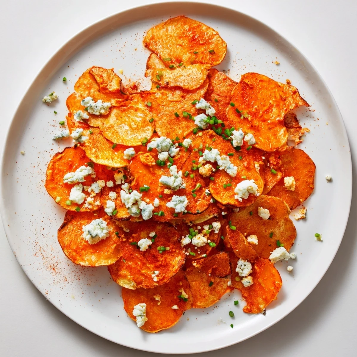 Crispy potato slices drizzled with tangy buffalo glaze and topped with creamy blue cheese crumbles for game day snacking