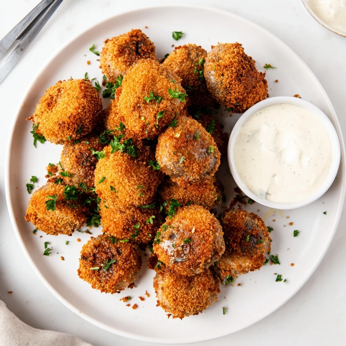 Golden brown crispy fried mushrooms served on a white plate with fresh parsley garnish