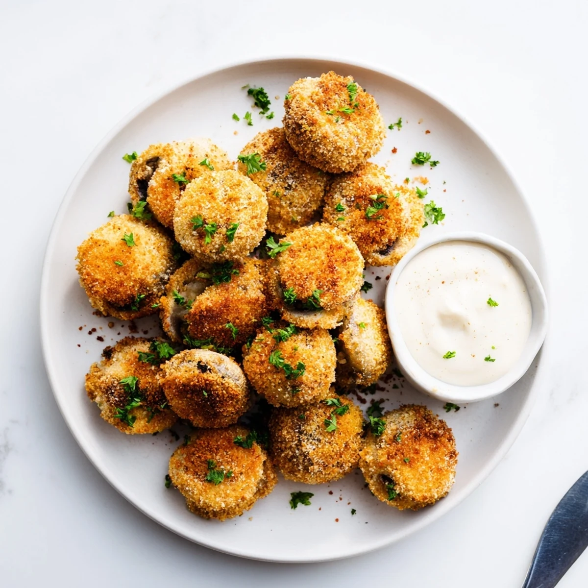 Heap of crunchy battered mushrooms fried to perfection alongside a creamy dipping sauce