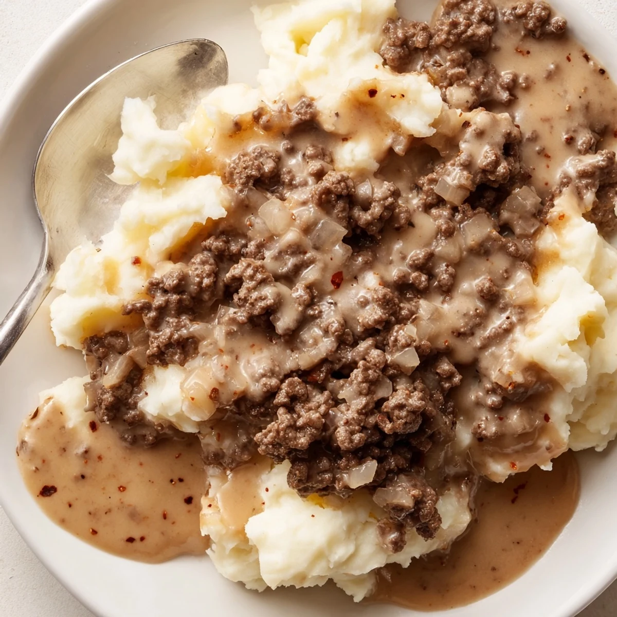 Rich homemade hamburger gravy with ground beef chunks simmering in a cast iron skillet