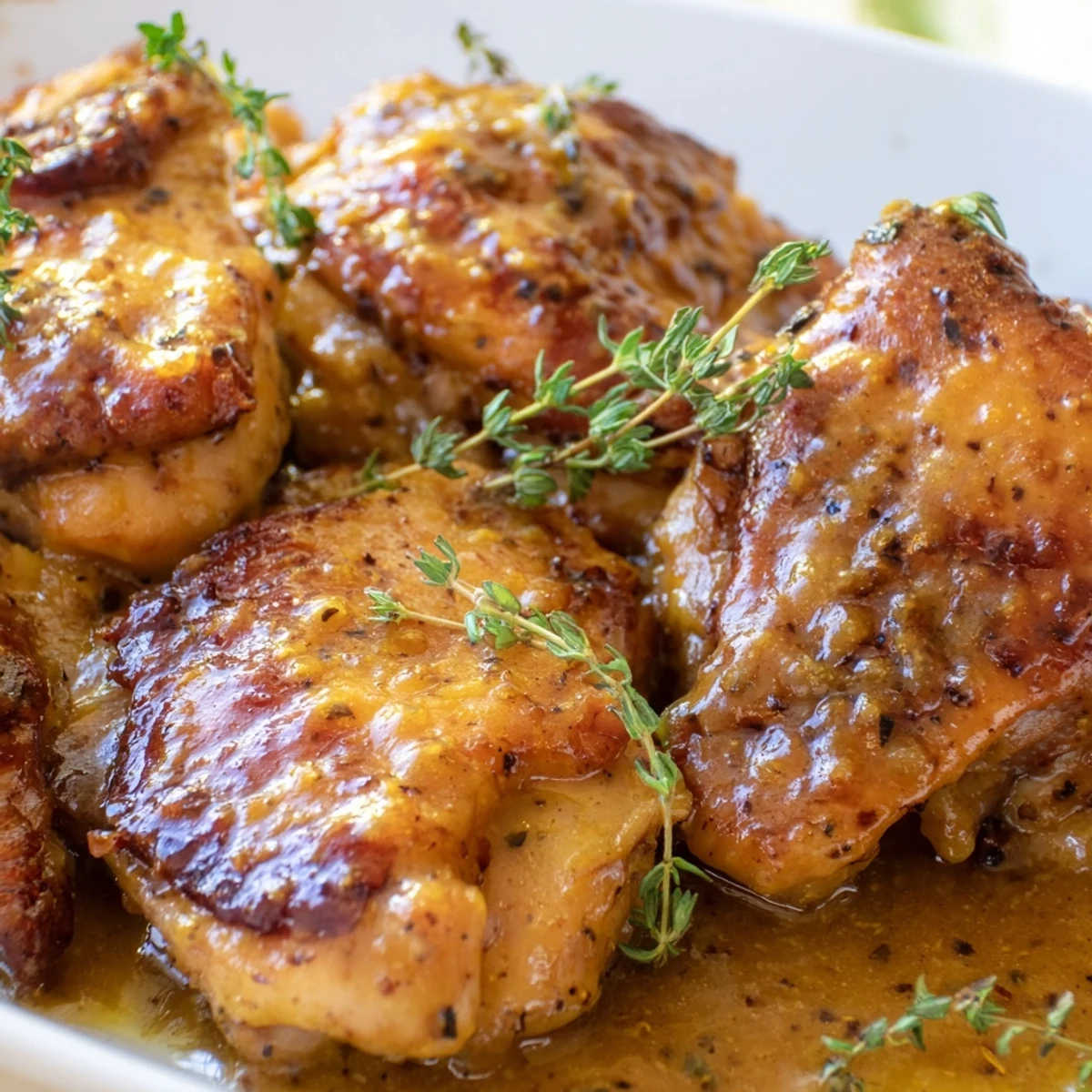 Golden oven baked honey mustard chicken breasts glazed with caramelized honey mustard sauce