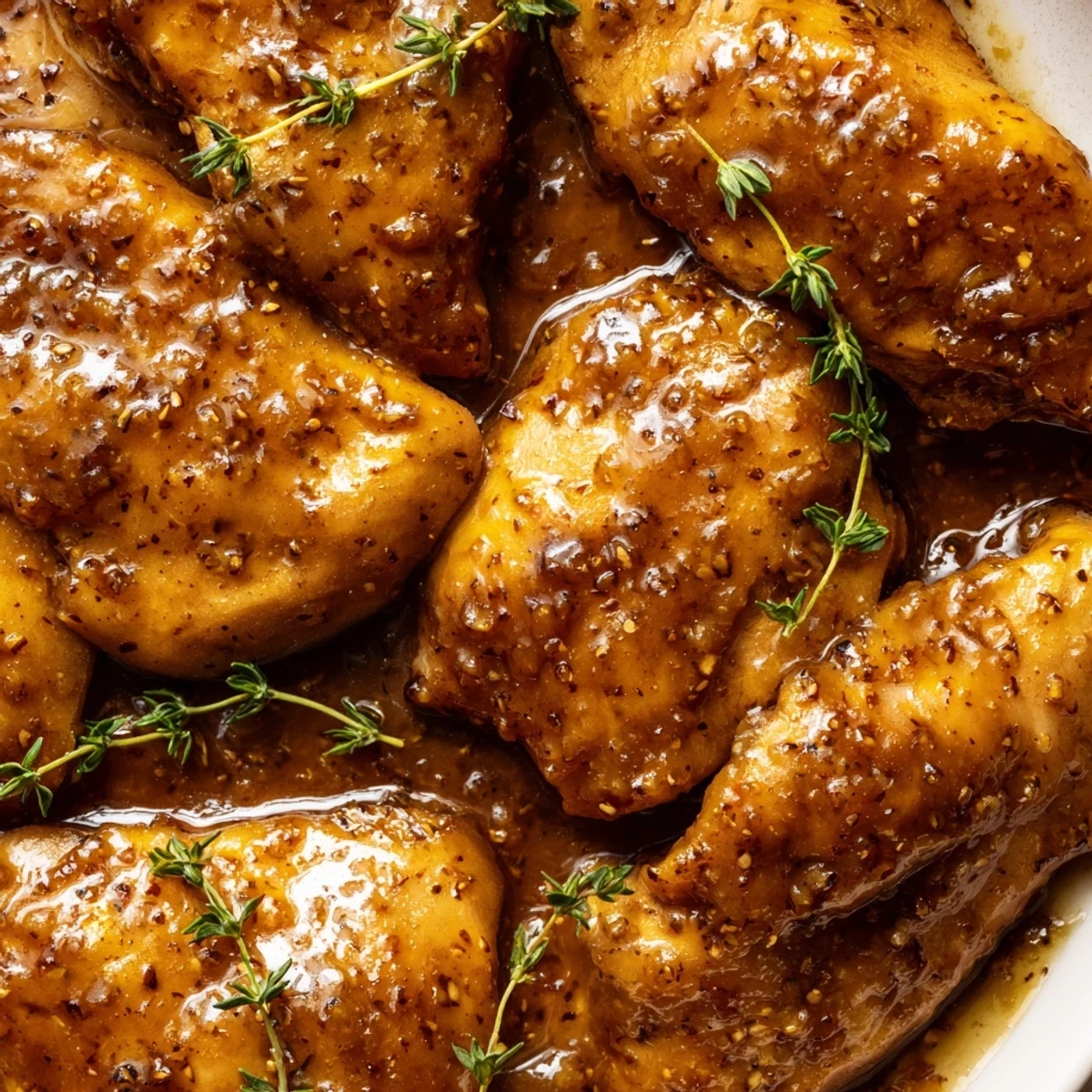 Tender juicy oven baked honey mustard chicken served with fresh parsley garnish