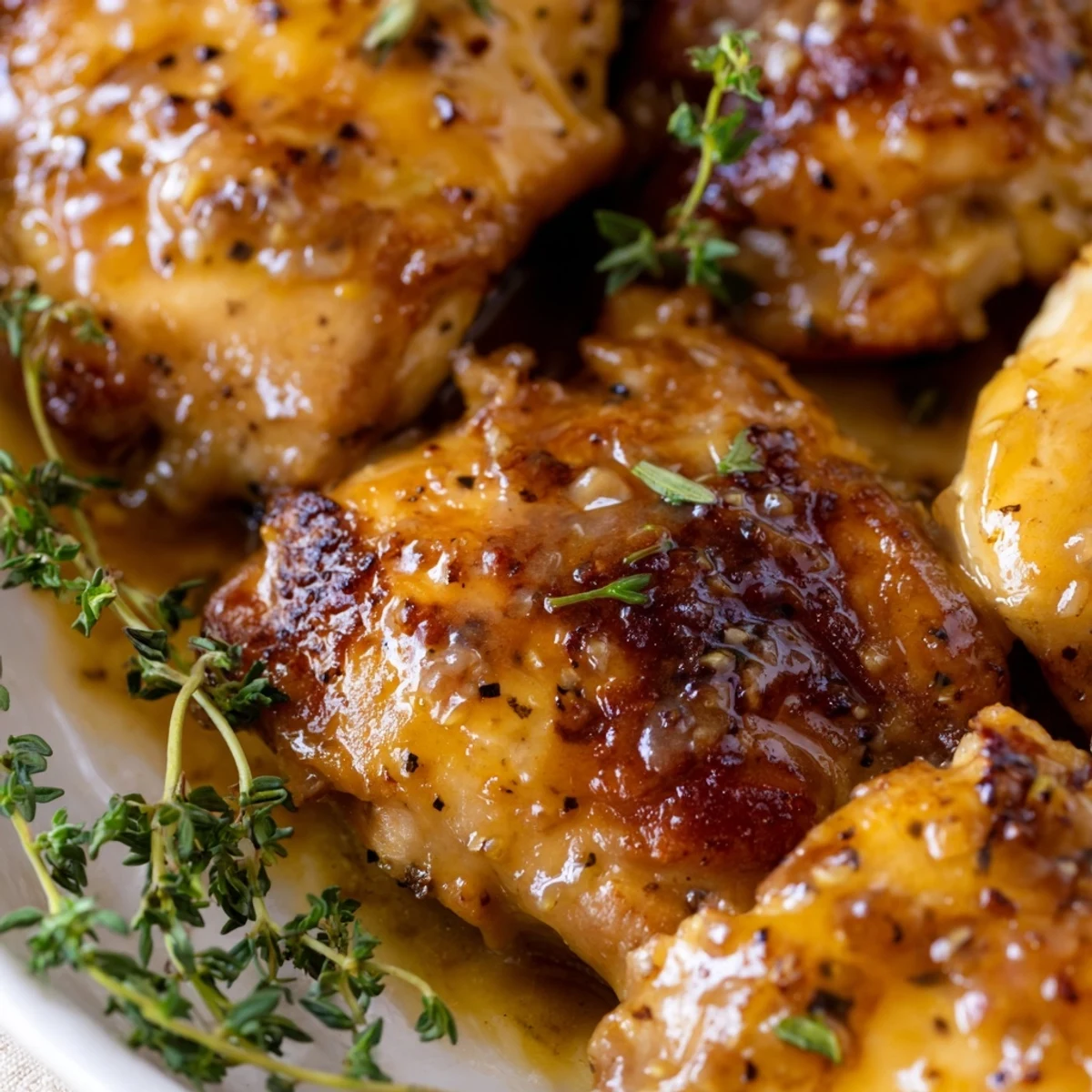 Succulent oven baked honey mustard chicken pieces coated in sweet tangy glaze