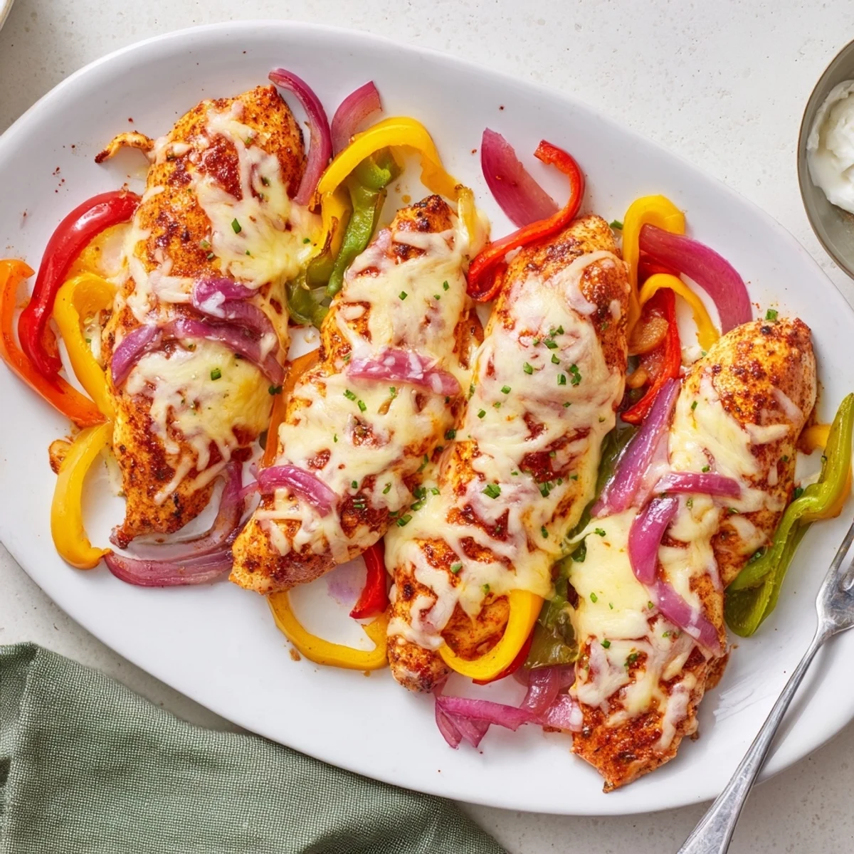 Golden cheesy baked chicken breast nestled among colorful roasted bell pepper slices