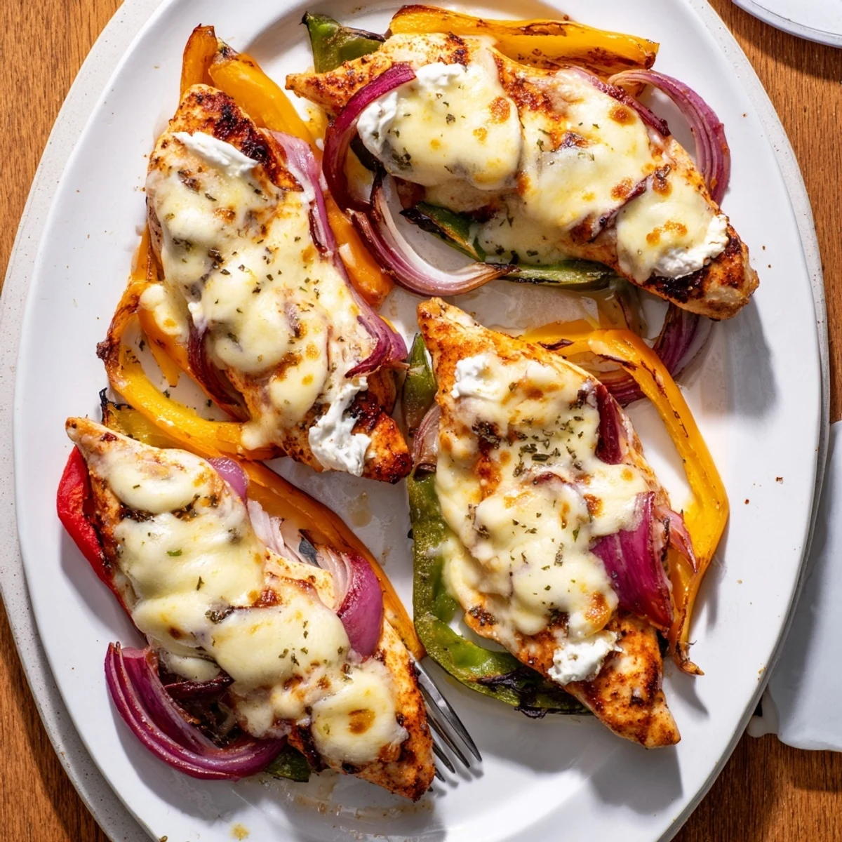 Juicy chicken breasts topped with melted mozzarella and cheddar over red and yellow peppers