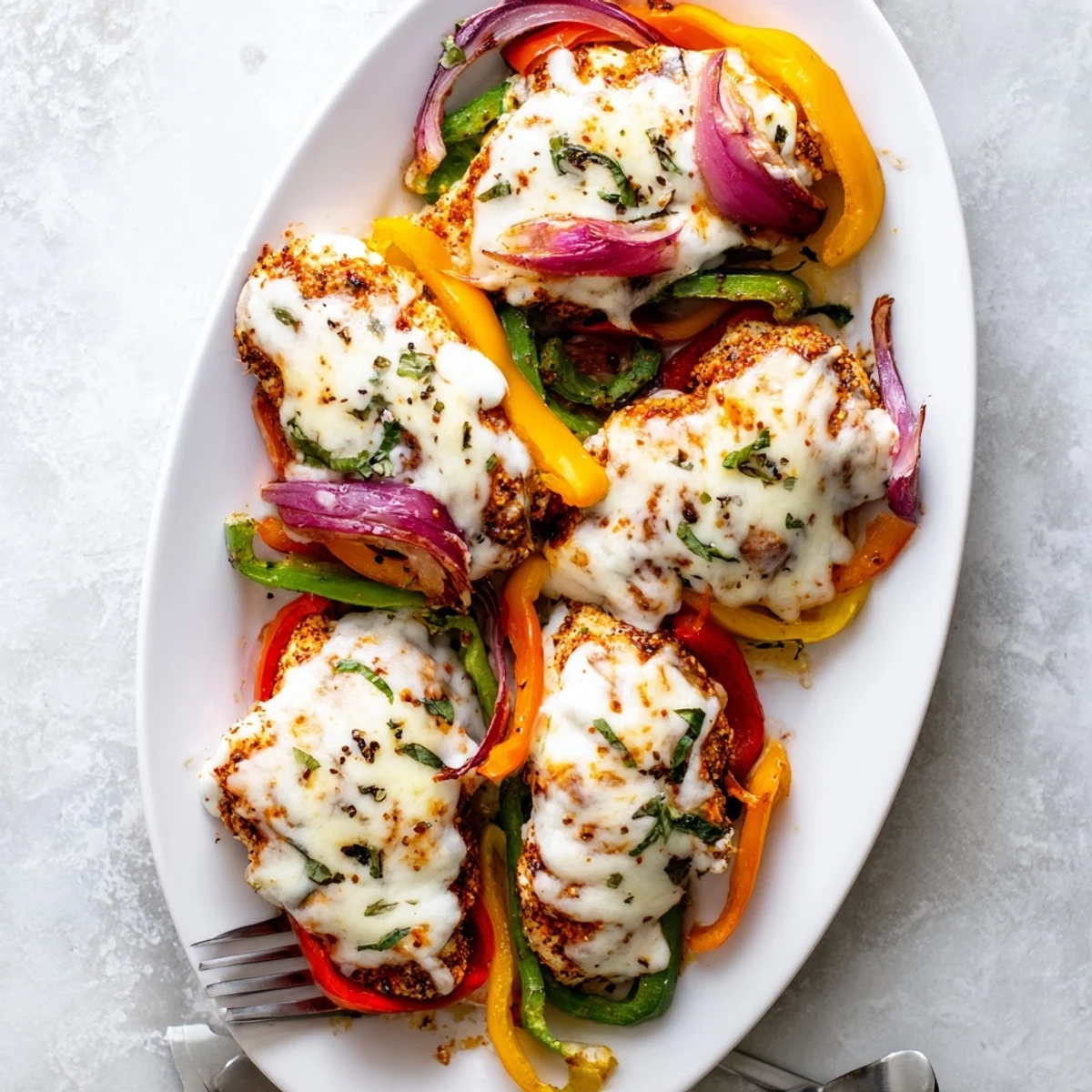 Comforting cheesy baked chicken breast dish with bubbly cheese and vibrant pepper medley