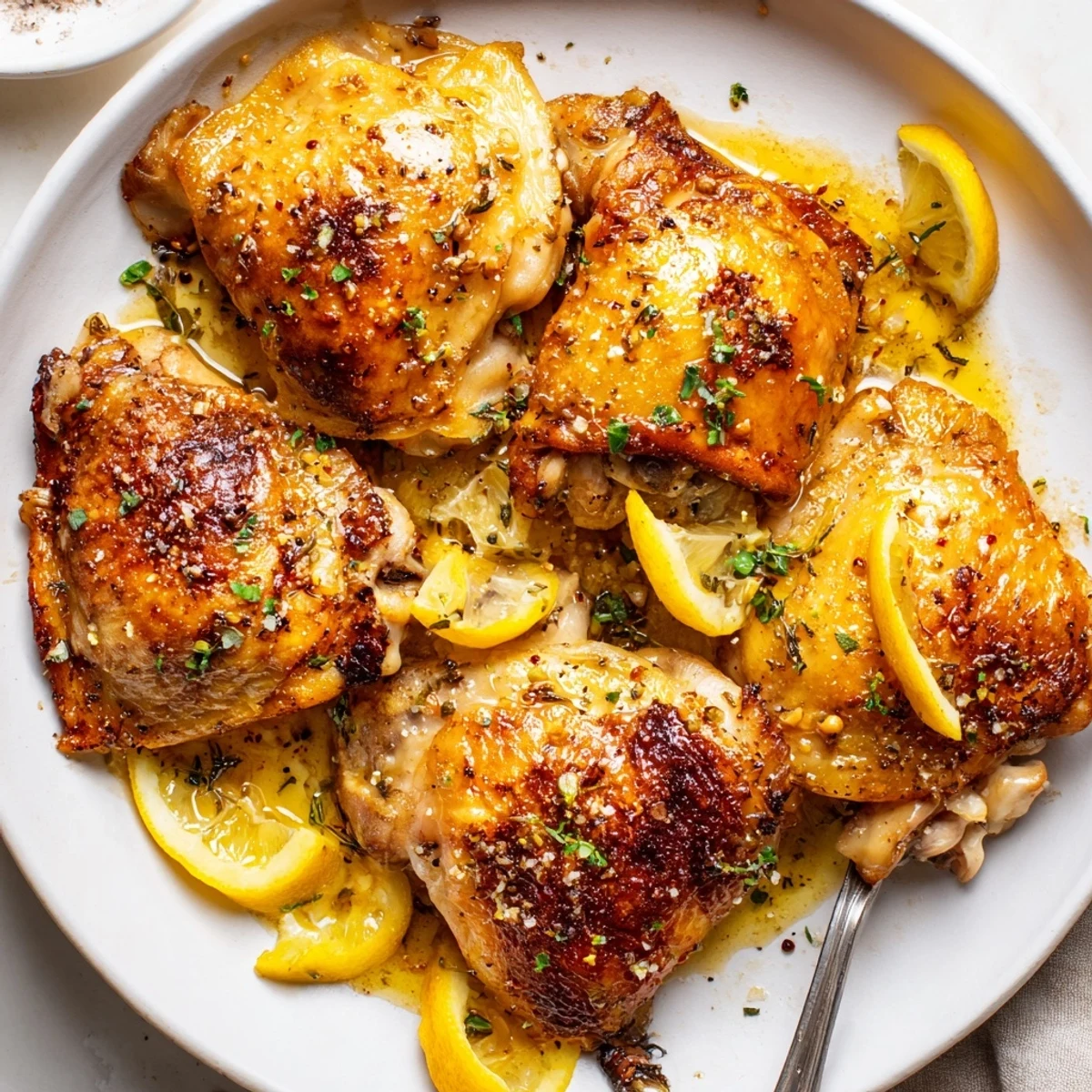 Lemon Pepper Chicken Thighs sizzling with crispy golden skin and bright lemon