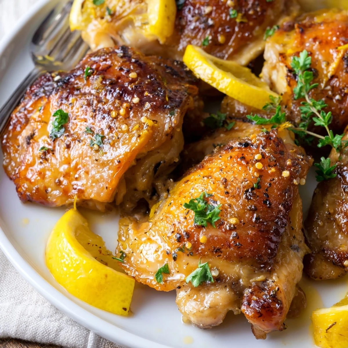 Oven roasted Lemon Pepper Chicken Thighs resting on parchment, garnished with parsley