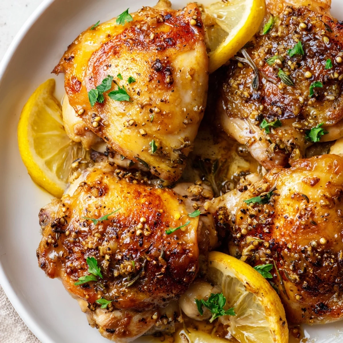 Juicy Lemon Pepper Chicken Thighs marinated, roasted, served with roasted potatoes