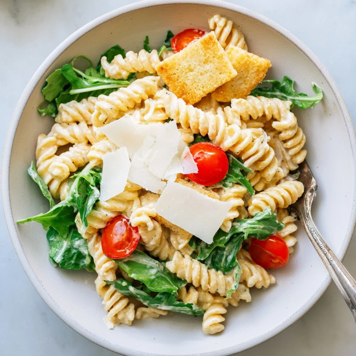 Arugula Pasta Caesar Salad tossed with creamy dressing, shaved Parmesan, crunchy croutons