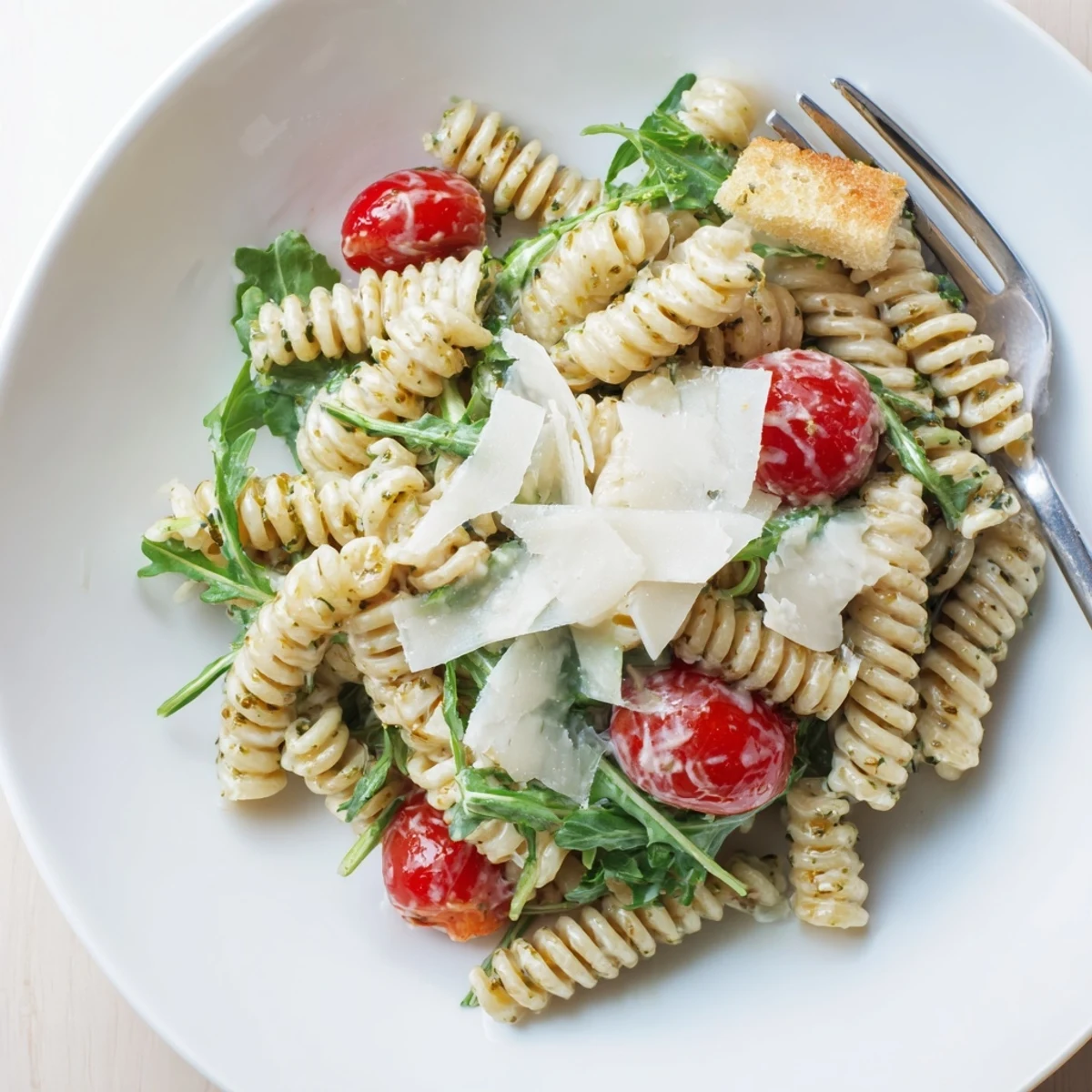 Bright Arugula Pasta Caesar Salad served warm with al dente pasta and lemon