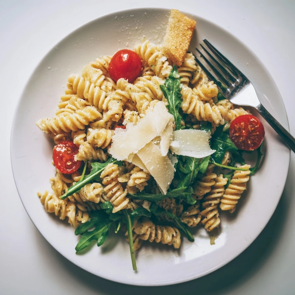 Weeknight Arugula Pasta Caesar Salad piled high with peppery arugula and tomatoes