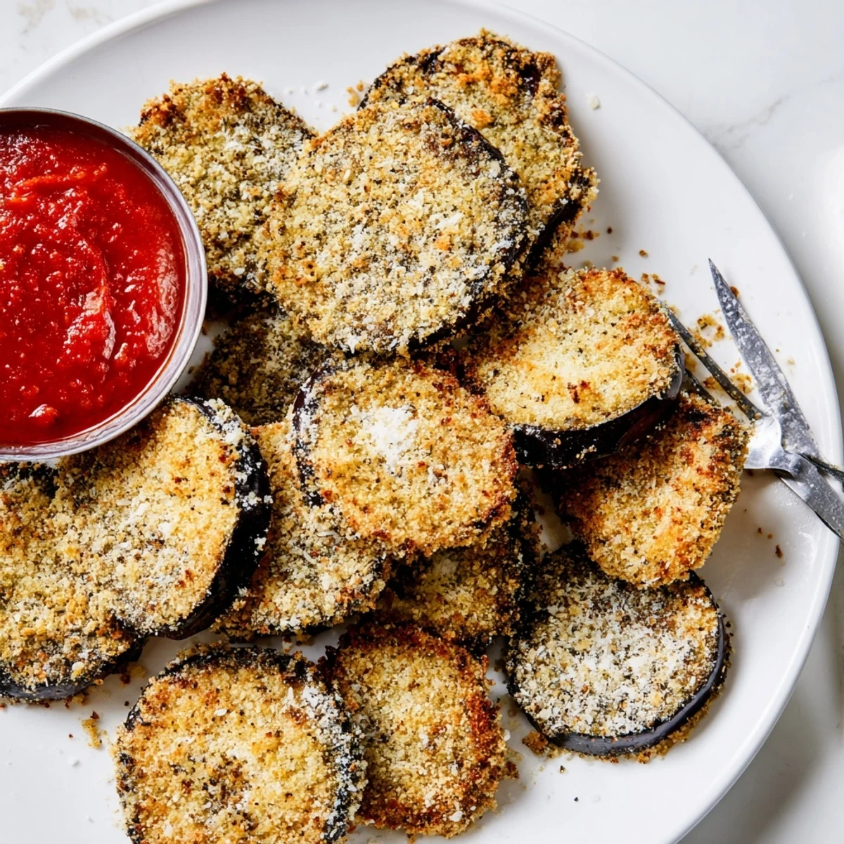 Crispy Baked Eggplant with golden herb crumbs, steaming on parchment-lined baking sheet