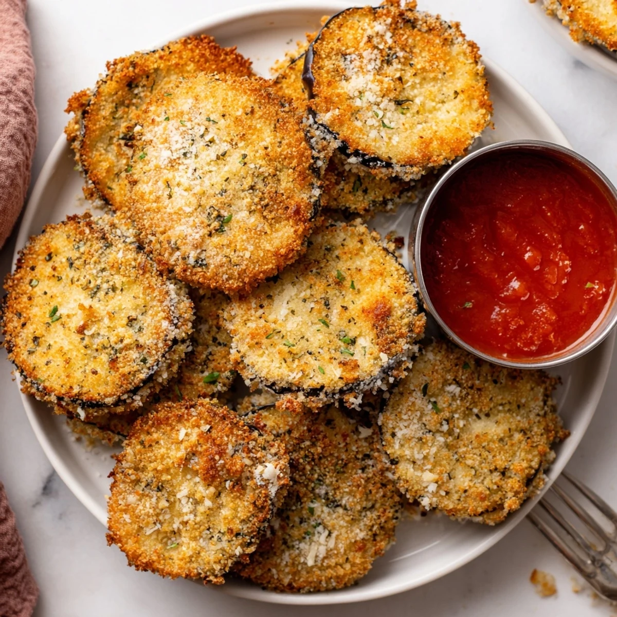 Slices of Crispy Baked Eggplant stacked beside marinara, crunchy edges and tender centers