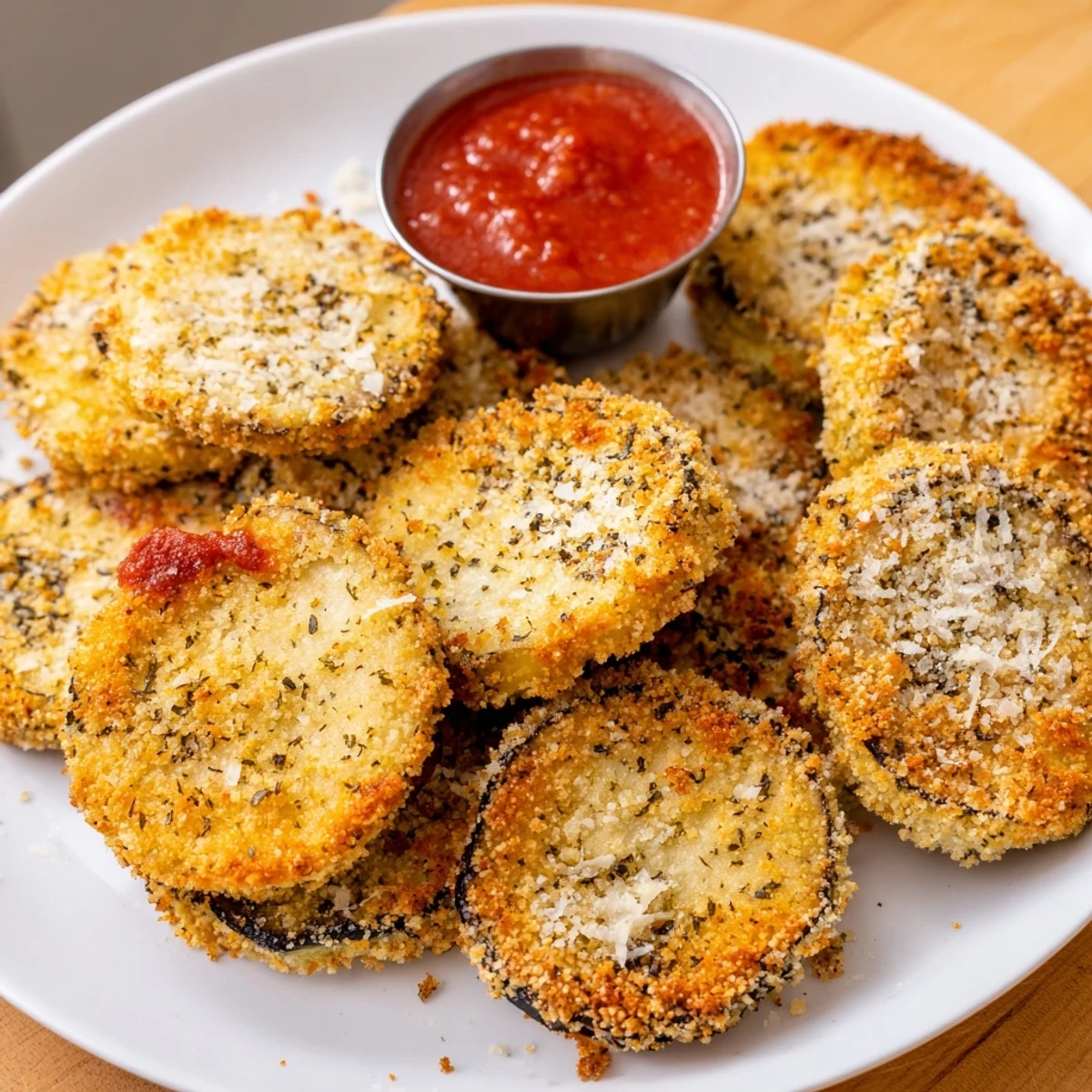 A plate of Crispy Baked Eggplant served hot with yogurt dip, aromatic herbs