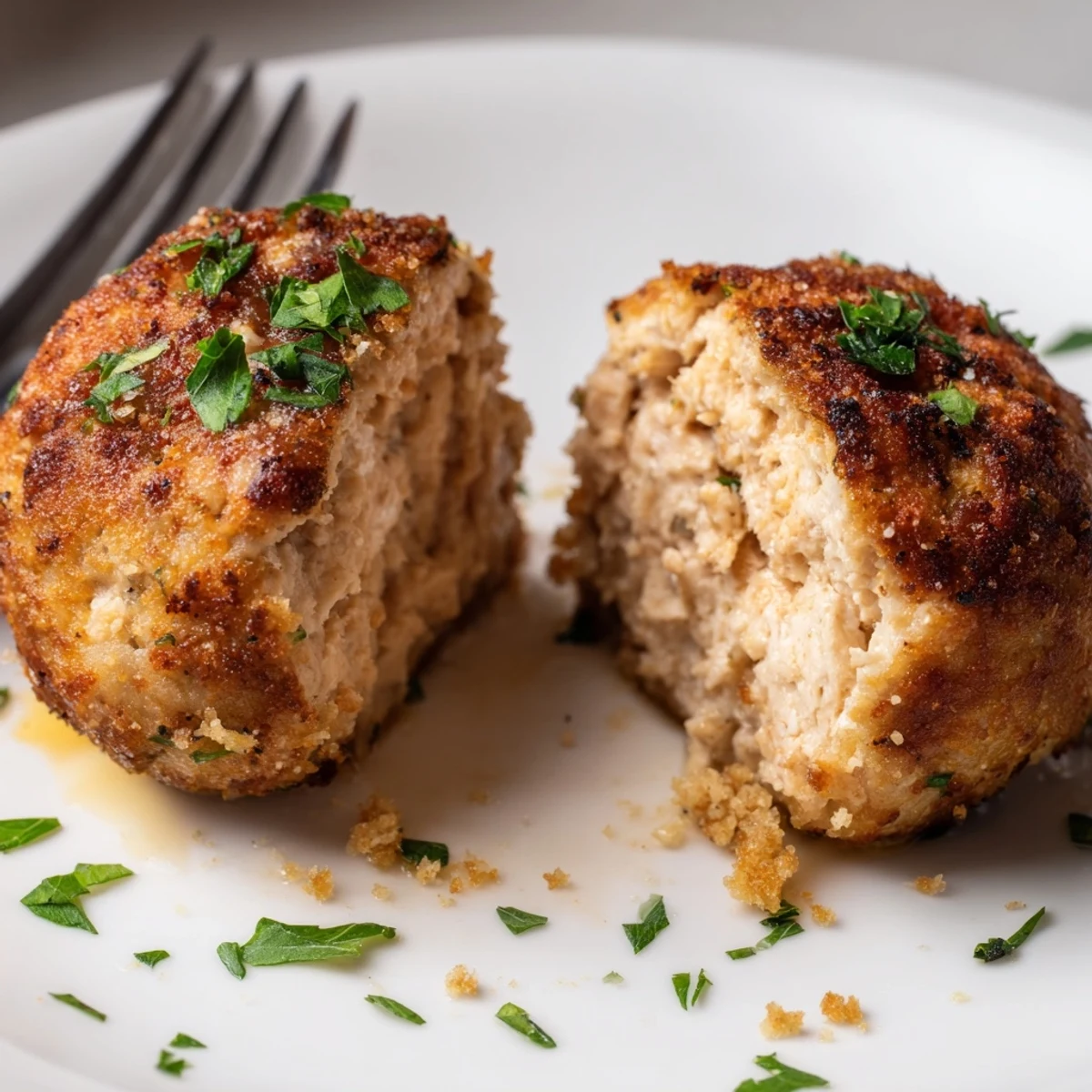 Juicy Chicken Meatballs sizzling golden in skillet, herb scented and ready to serve.
