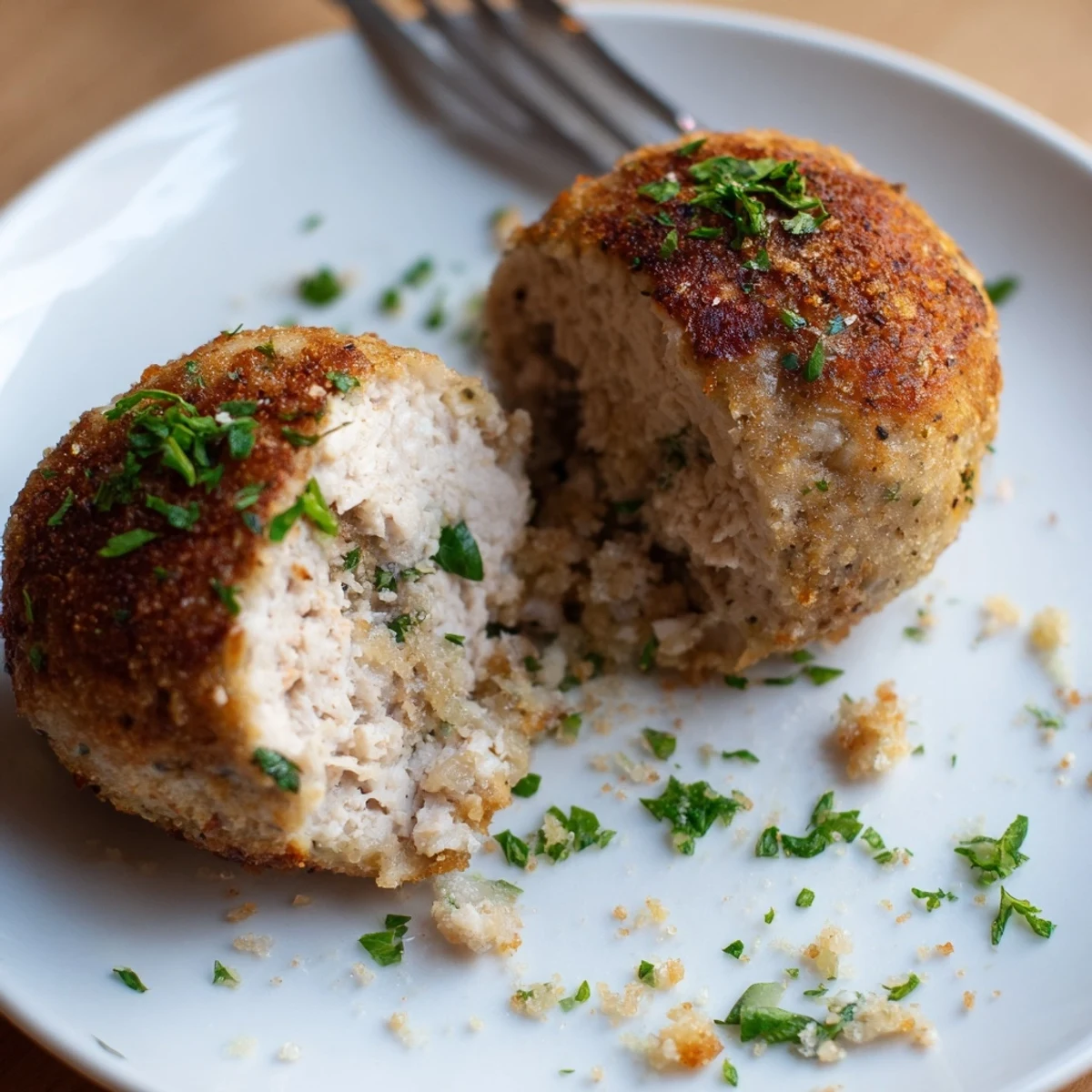 Golden browned Juicy Chicken Meatballs resting on a wooden board, parsley garnish.
