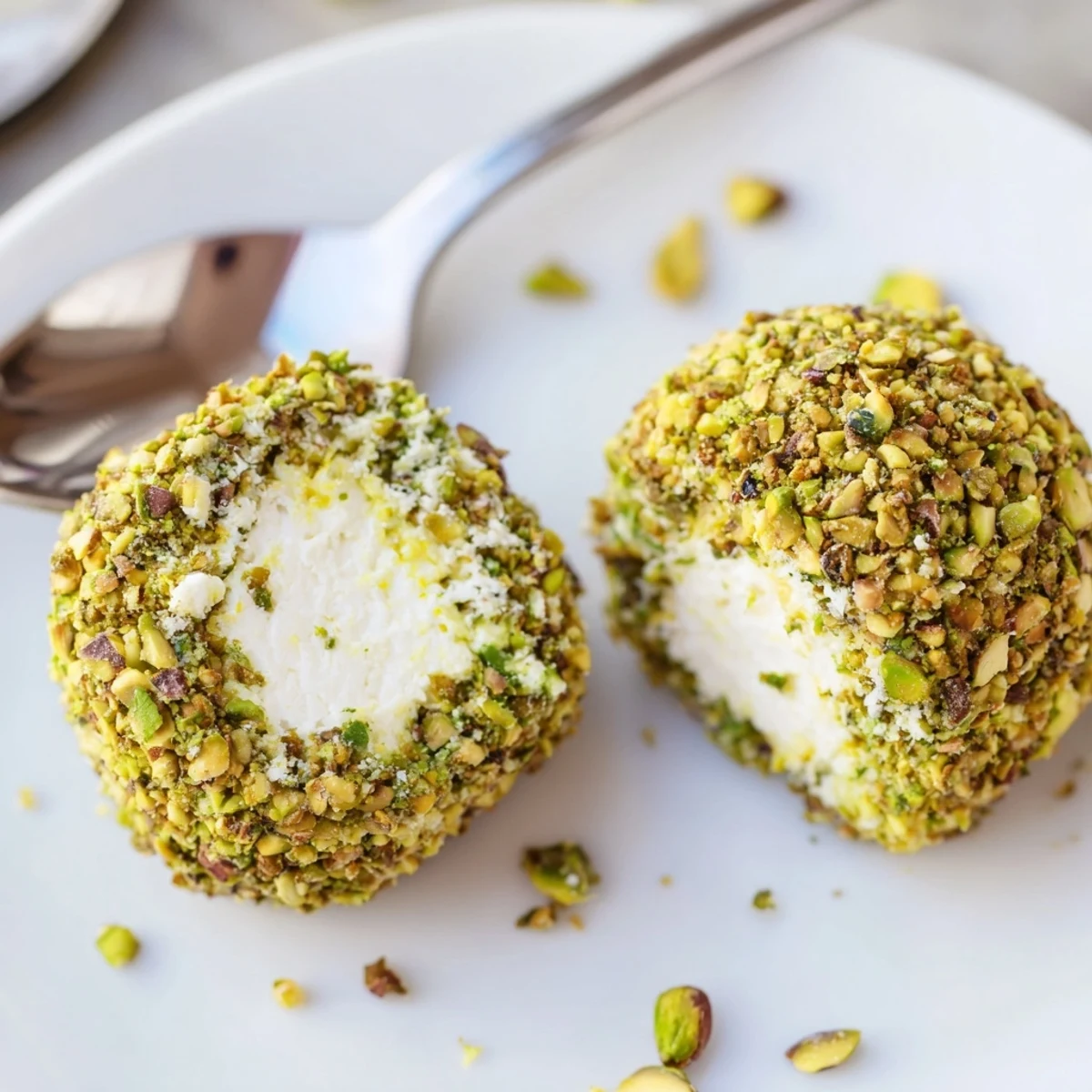 Savory Pistachio Crusted Cheese Bites on a platter, crunchy green nut coating