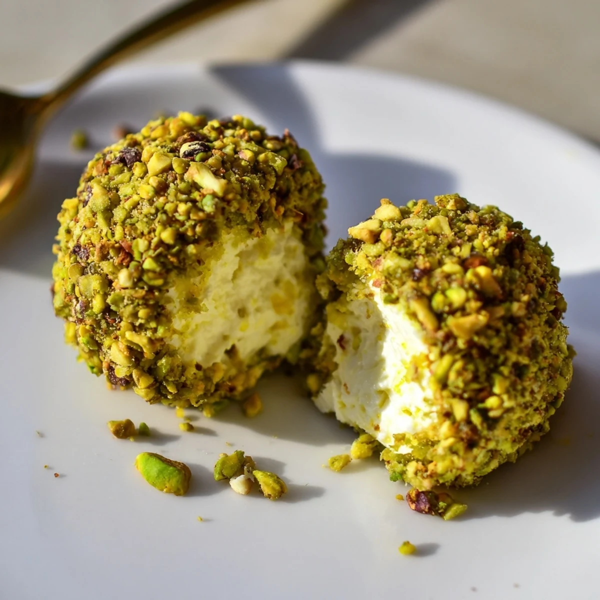 Bright lemon zested Savory Pistachio Crusted Cheese Bites paired with crostini slices