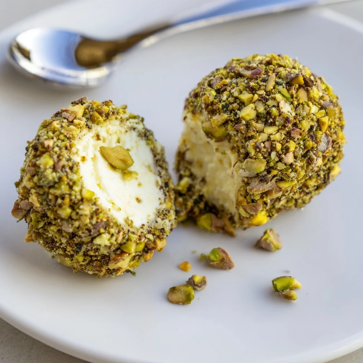 Chilled Savory Pistachio Crusted Cheese Bites nestled beside fresh vegetables and wine