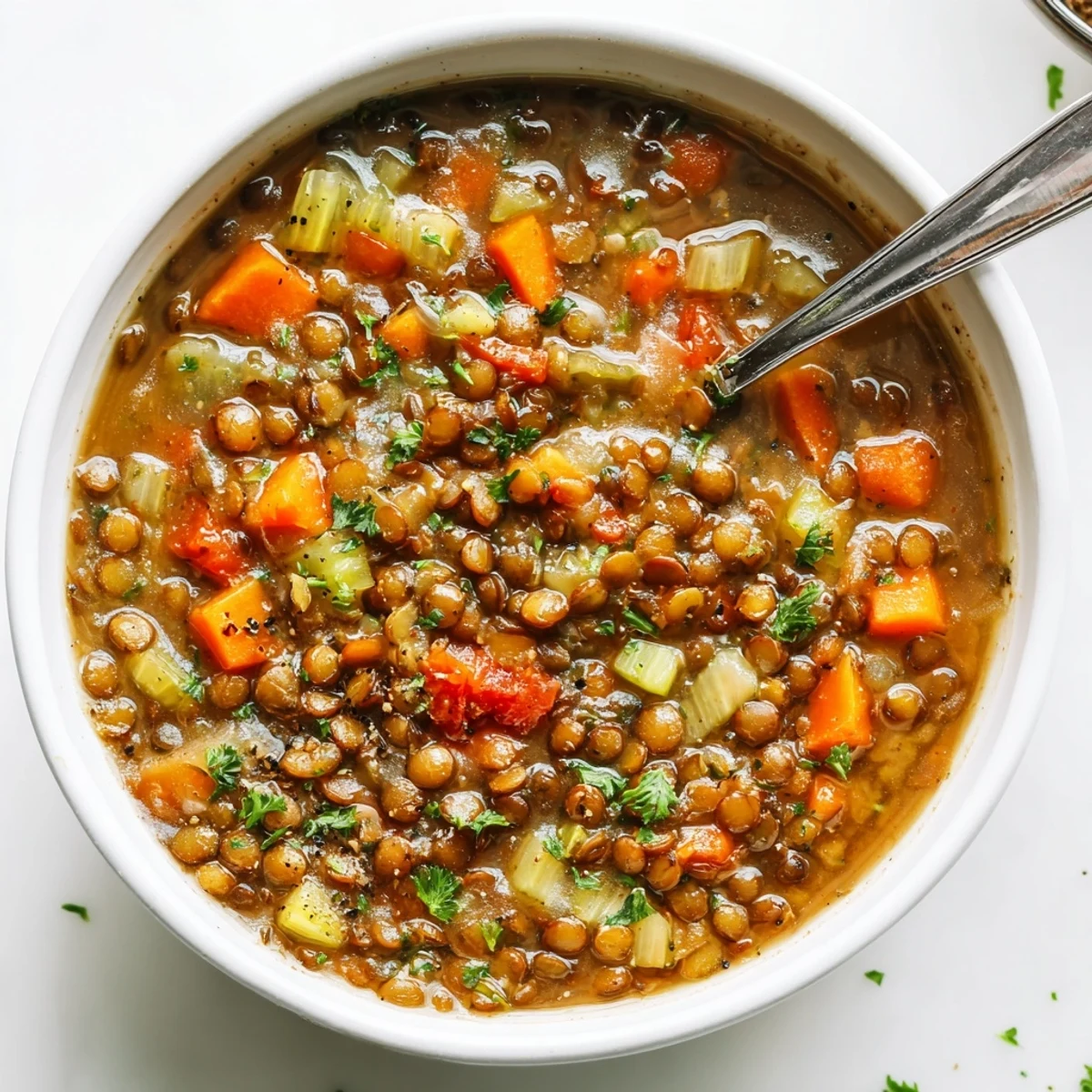 Creamy Lentil Soup ladled over crusty bread, warm and savory