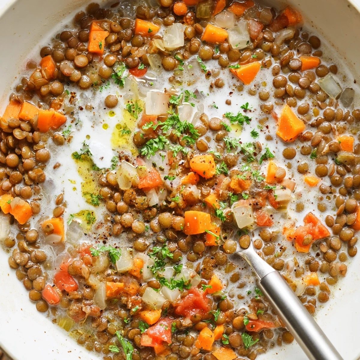 Lentil Soup steaming in bowl, aromatic spices and parsley garnish
