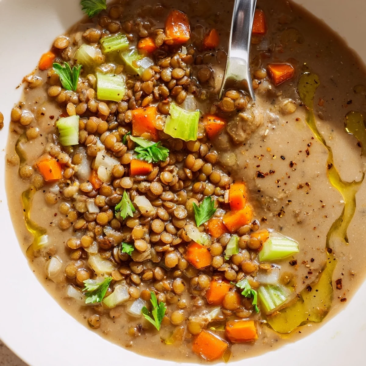Hearty Lentil Soup with carrots and celery, bright lemon finish