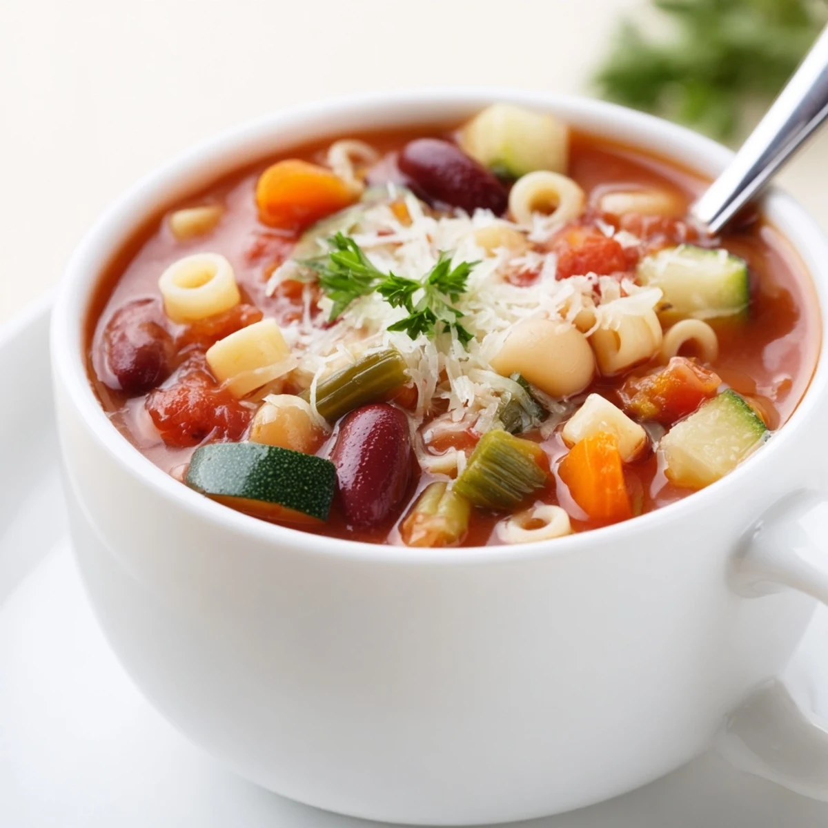 Steaming bowl of Minestrone Soup with chunky vegetables and fragrant tomato broth