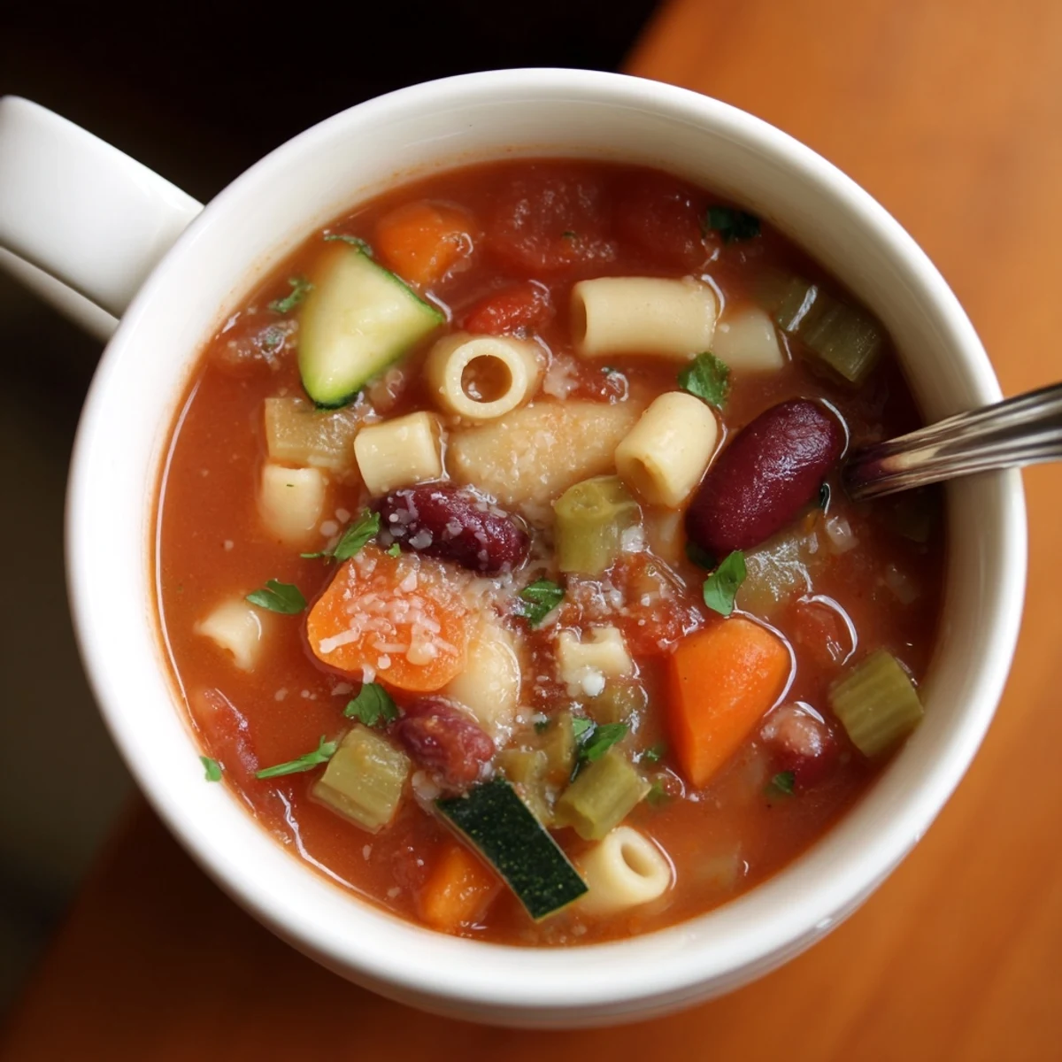 Hearty Minestrone Soup loaded with beans, ditalini pasta, parsley garnish