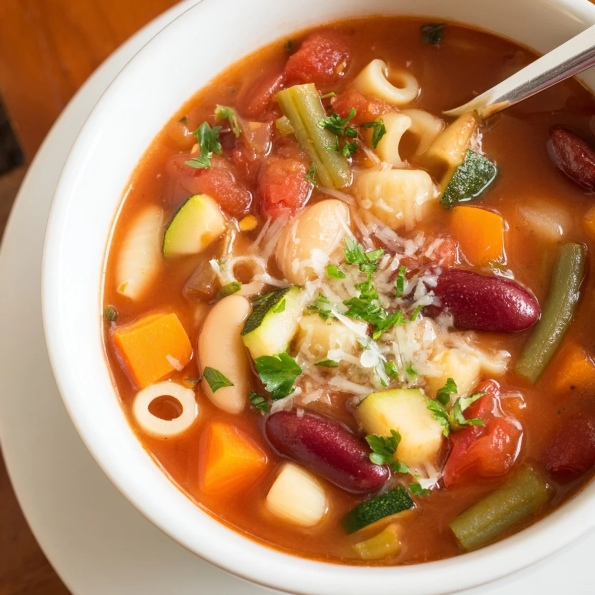 Ladle pouring hot Minestrone Soup into bowl, aromatic steam rising