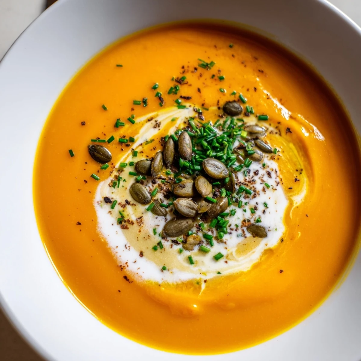Velvety Carrot Soup spiced with cumin, served with crusty bread.