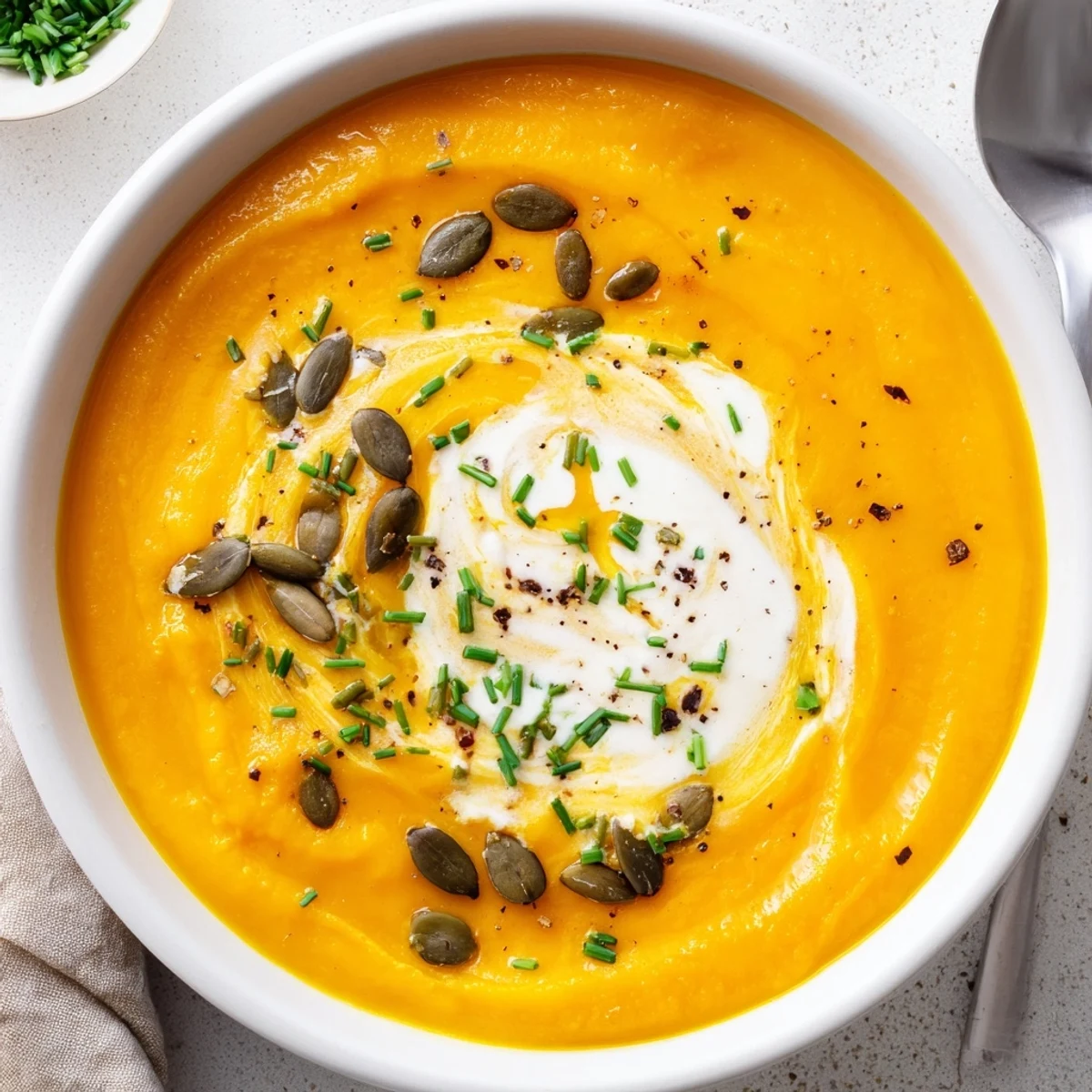 Creamy carrot soup steaming in a bowl, garnished with chopped parsley.