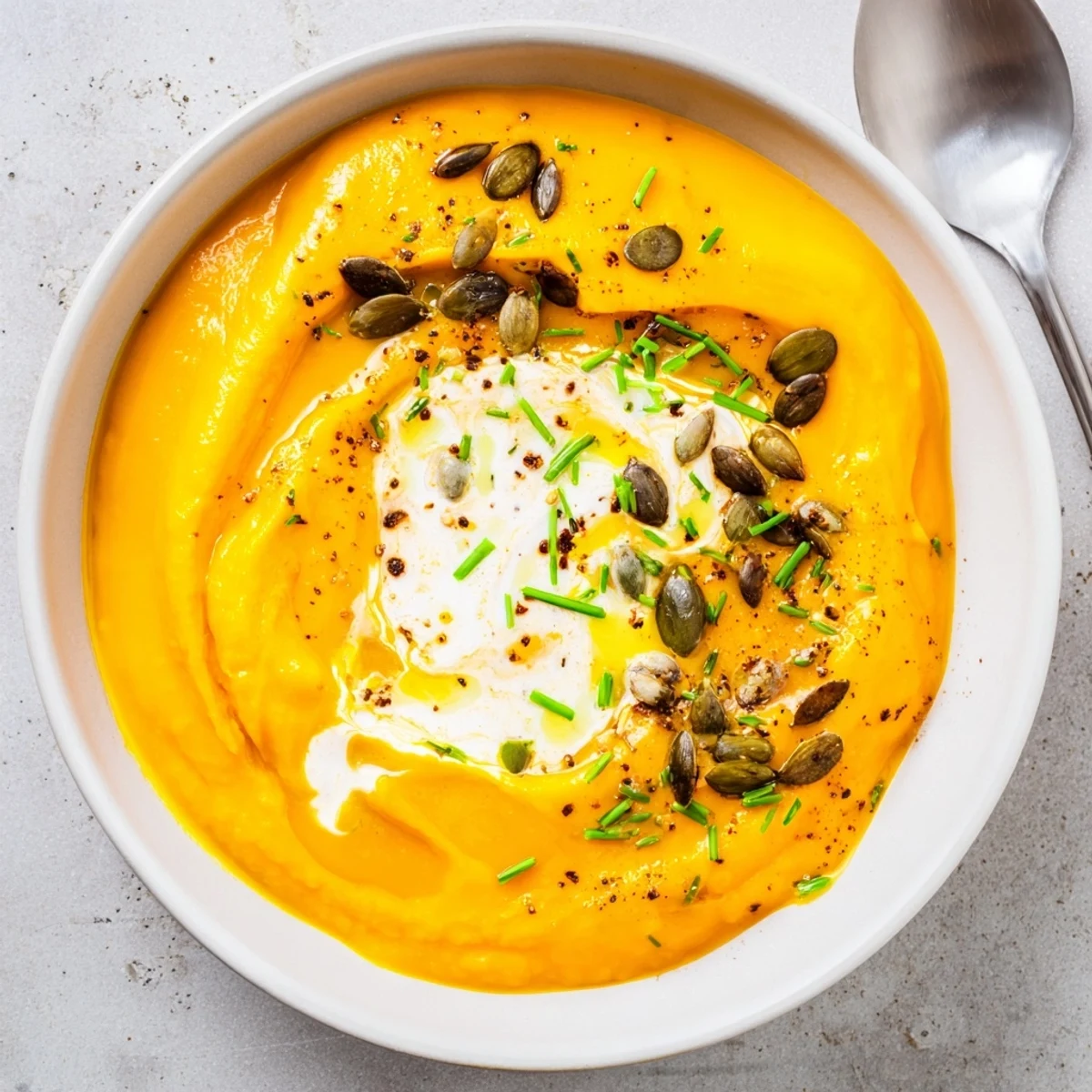 Bright orange Carrot Soup blended smooth, finished with coconut cream swirl.