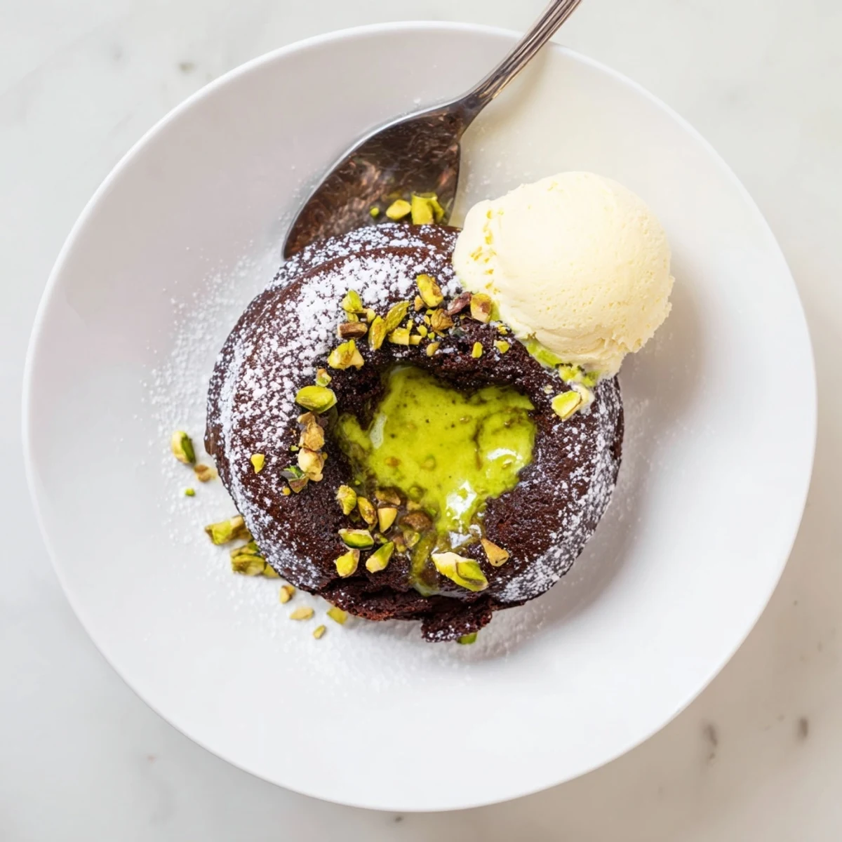 Rich chocolate dessert cakes drizzled with pistachio filling and topped with chopped nuts