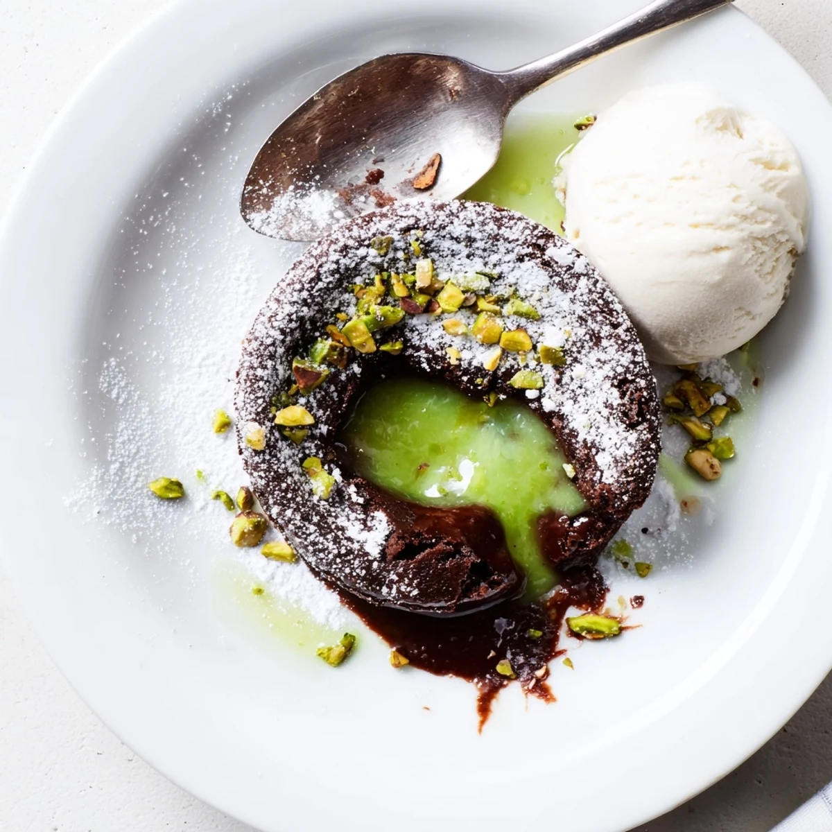 Warm pistachio chocolate lava cakes with gooey molten centers flowing onto white plates