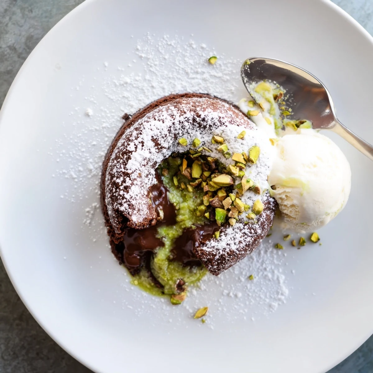 Golden individual ramekins of pistachio chocolate lava cakes dusted with powdered sugar