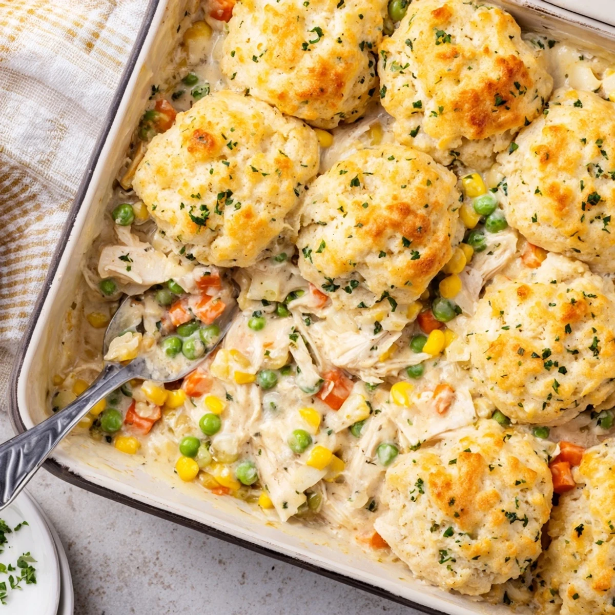 Golden Cheddar Bay Chicken Cobbler topped with fluffy cheese biscuits fresh from the oven