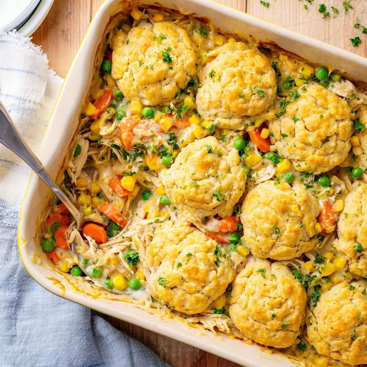Bubbling chicken and vegetable cobbler beneath golden cheddar garlic biscuit topping in a baking dish