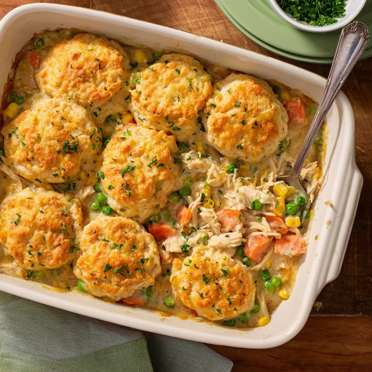 Savory Cheddar Bay Chicken Cobbler casserole with melted cheese biscuits and creamy chicken filling