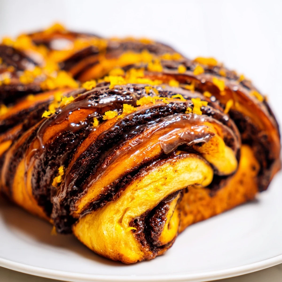 Orange glazed chocolate babka loaf with glossy drizzle on wire rack