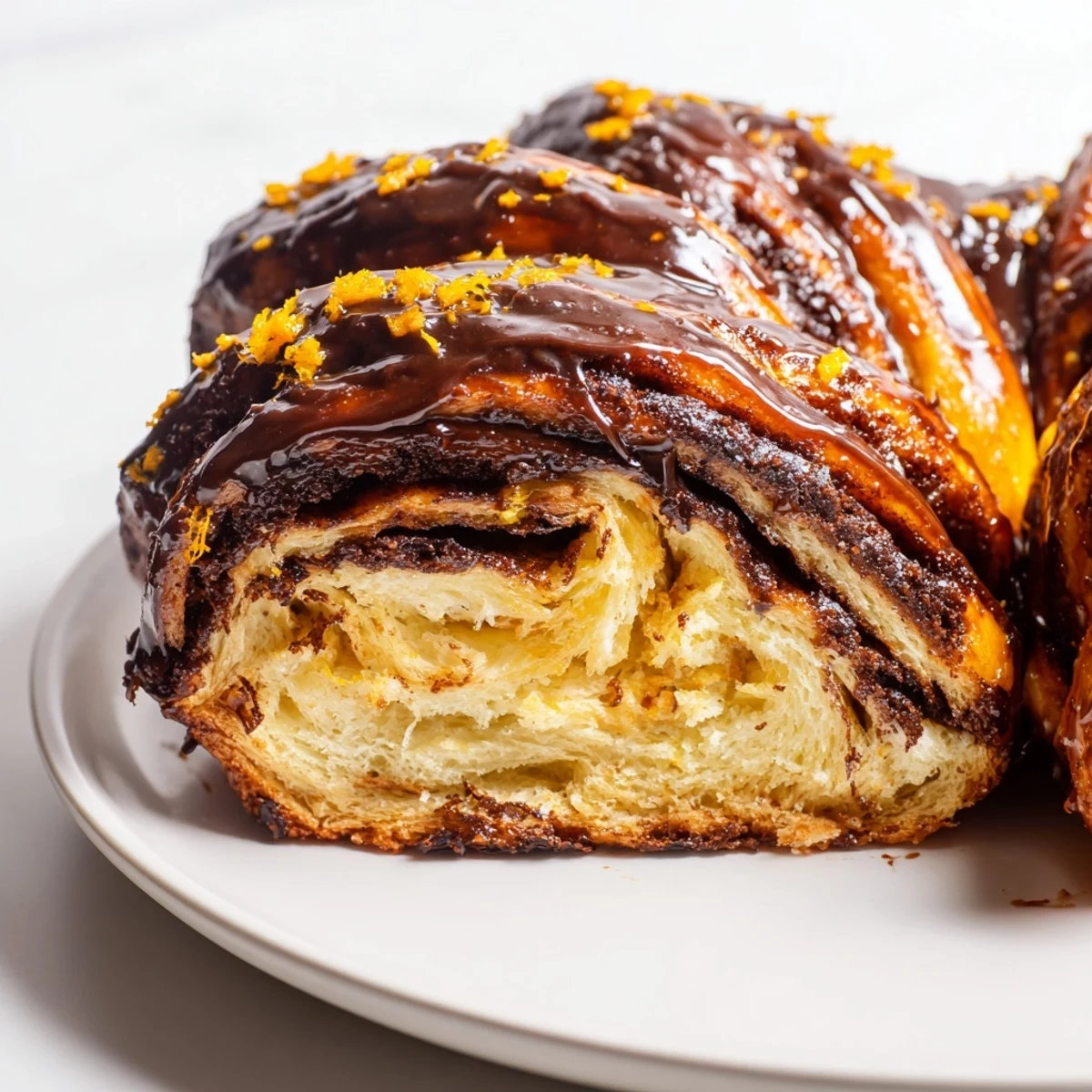 Sliced orange glazed chocolate babka revealing swirls of rich dark chocolate filling