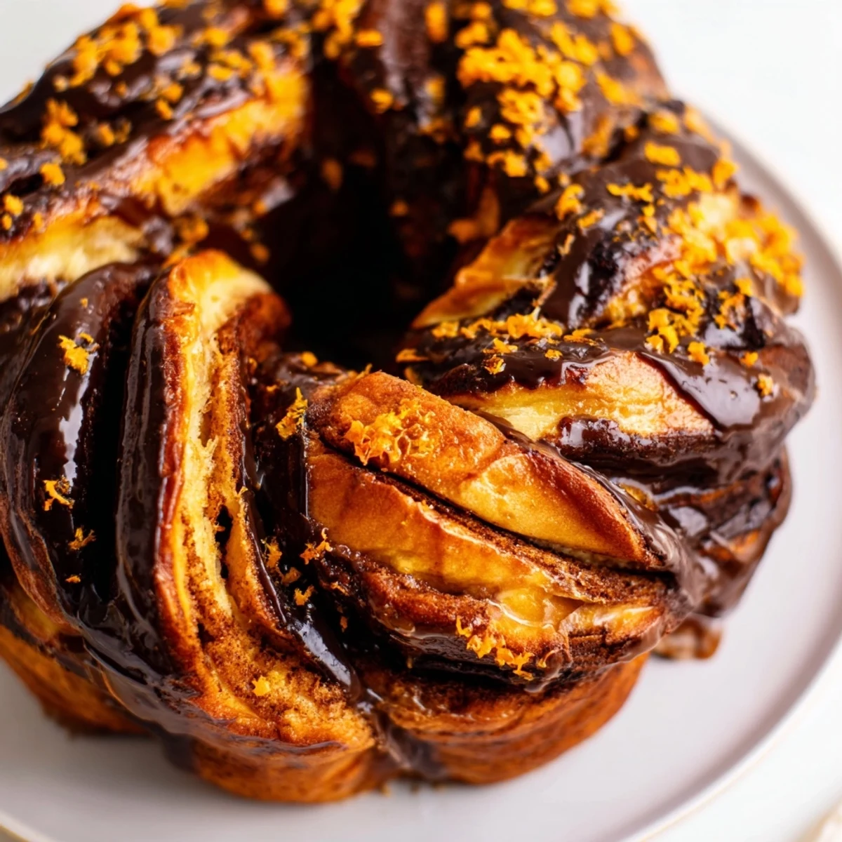 Freshly baked orange glazed chocolate babka twisted loaf with citrus glaze topping