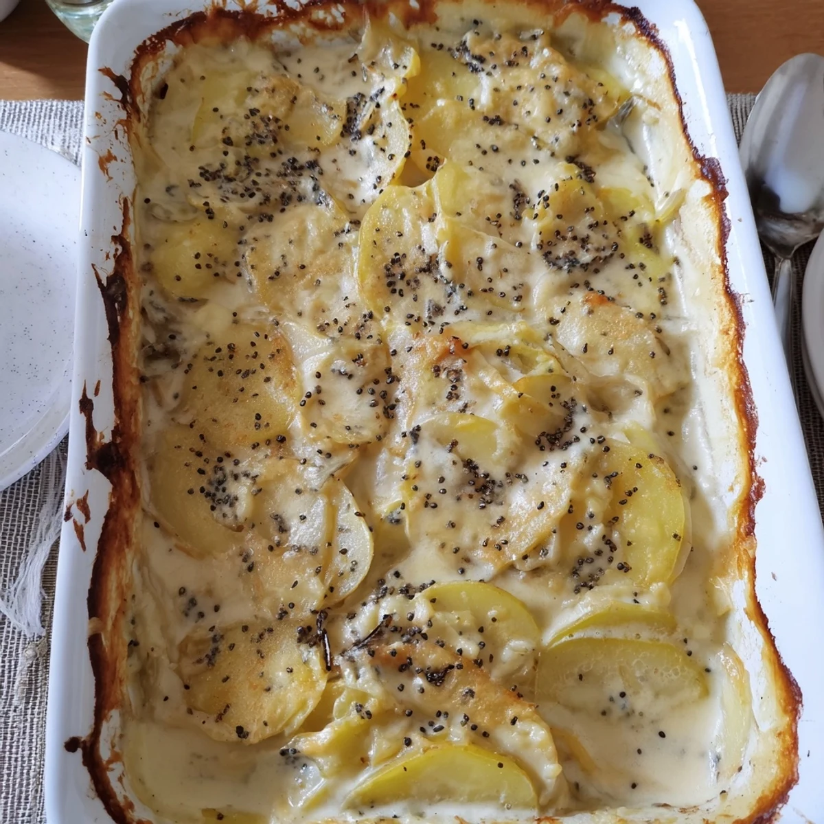 Golden brown Nigella potato gratin with bubbling Gruyère cheese and aromatic nigella seeds