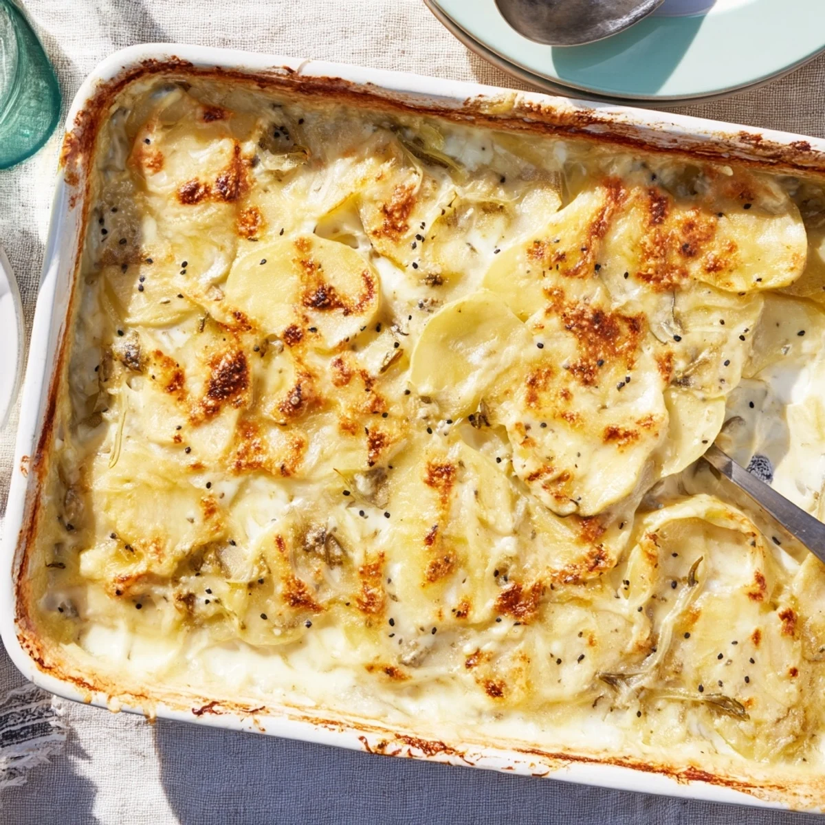 Creamy sliced potato layers baked with garlic, nutmeg, and black nigella seed topping