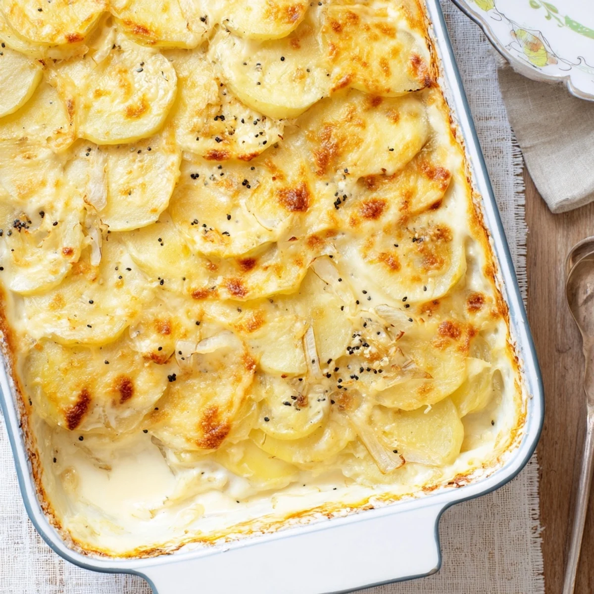 Bubbling European potato gratin sprinkled with nutty nigella seeds and melted Gruyère cheese