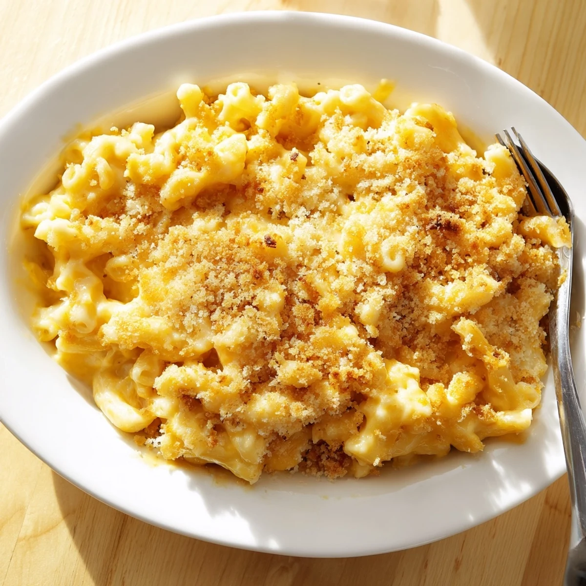 Golden baked mac and cheese topped with buttery parmesan breadcrumbs and bubbling cheese layer