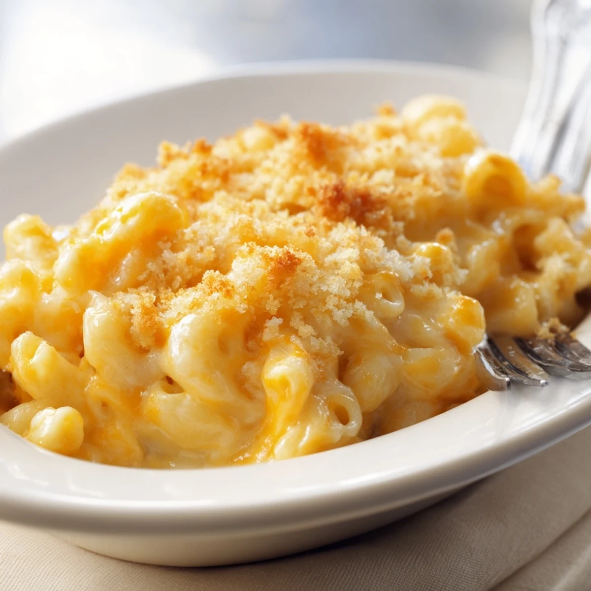 Comforting mac and cheese dish served hot with smooth velvety cheese sauce coating every noodle
