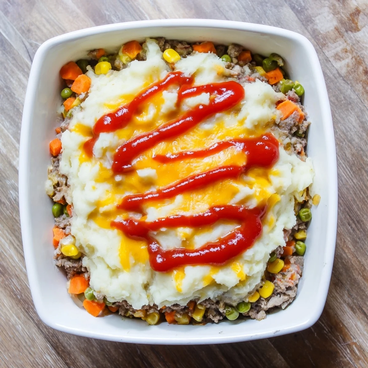 Golden-topped meatloaf casserole with creamy mashed potato layer and melted cheddar cheese bubbling in a baking dish